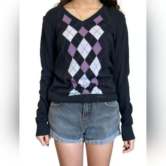 Merona Sweaters - 🩵Vintage Merona Black & Purple Argyle Vneck Long Sleeve Sweater XLarge